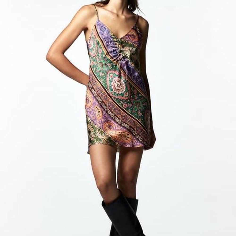 Zara Paisley Slip Mini Dress in Green & Purple
